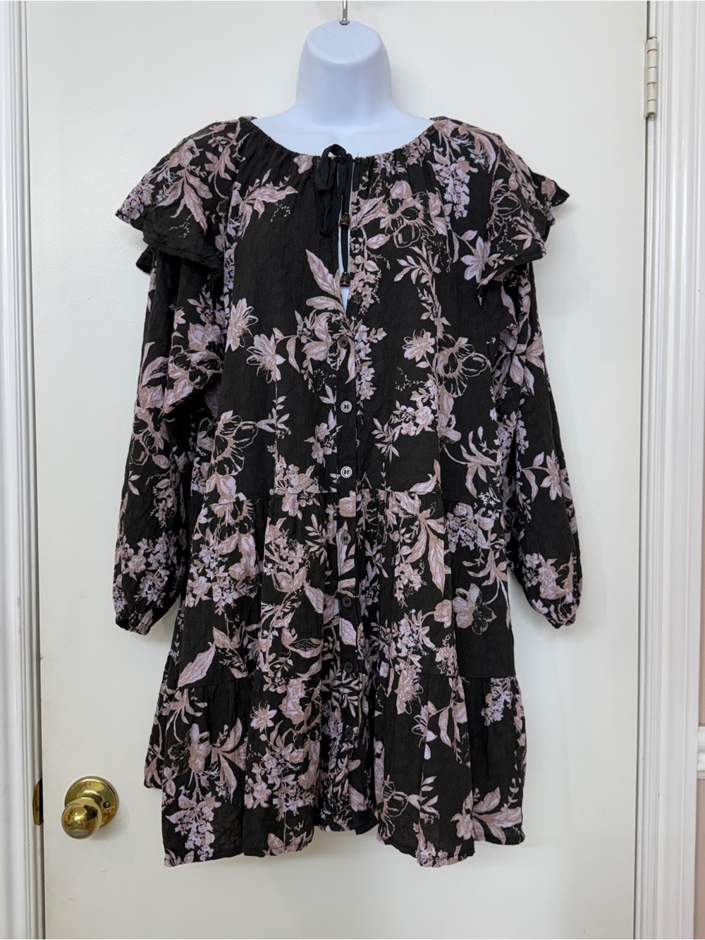 Free People Black Floral Tiered Babydoll Mini Dress - Size M Ruffle Sleeve